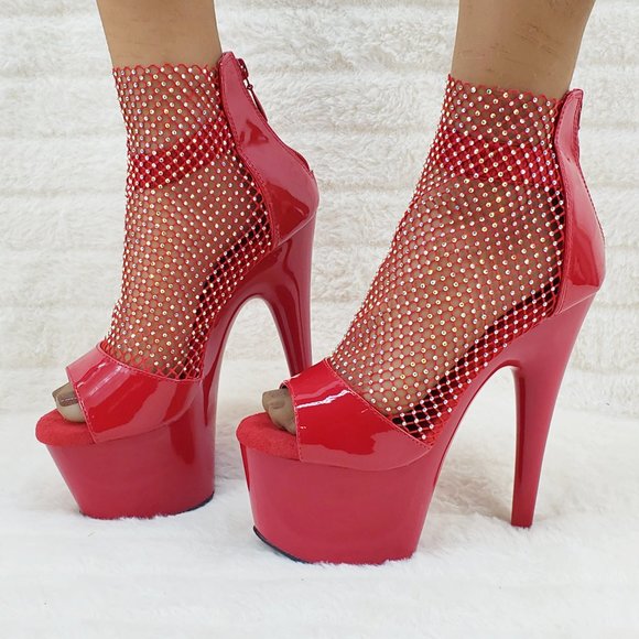 Pleaser Shoes - Red Stretch Rhinestone Mesh High Heel Platform Shoes 765 Adore RM